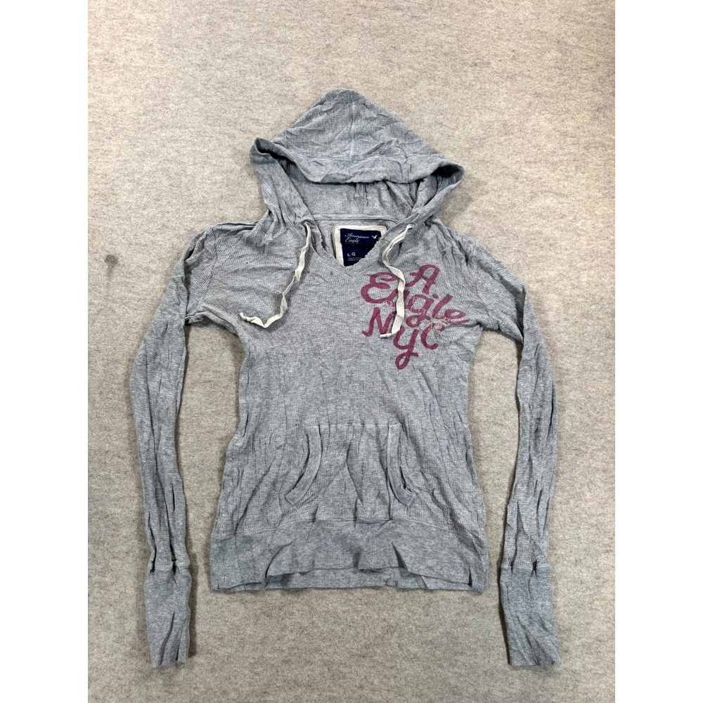 American Eagle Outfitters A. Eagle Nyc Thermal Hoodie Womens L Gray Drawstring